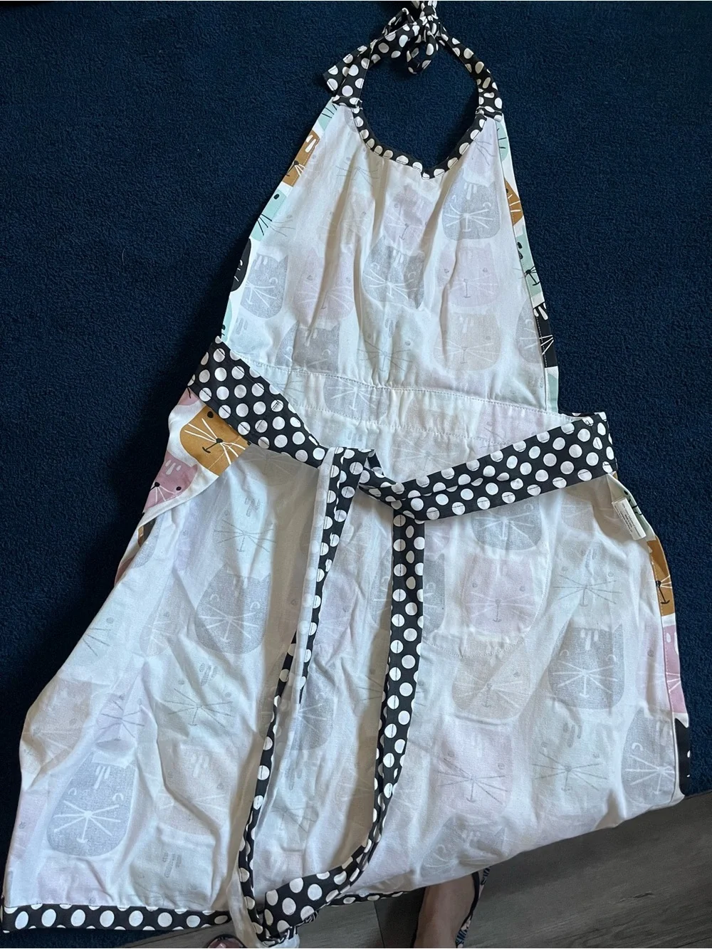 Cute Cat-Print Apron in Multicolor with Polka Dot Trim